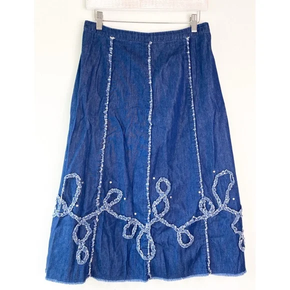 Reba Womens Denim Midi Skirt M Cowgirl Boho Festival Studded Pull On Cottagecore - Picture 1 of 9